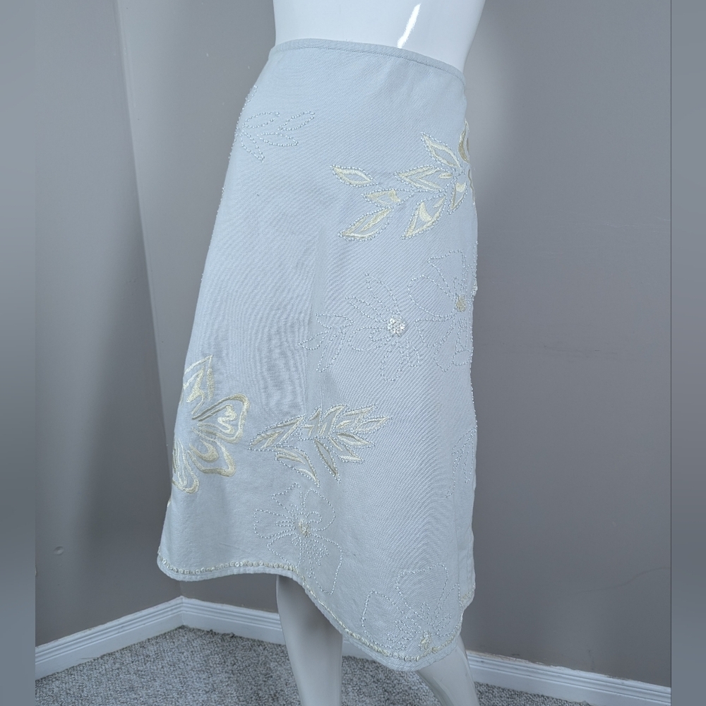 Nougat London Embroidered Linen-Blend Midi Skirt | Beaded Floral Skirt | M–L Fit